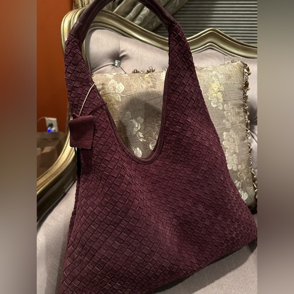 NWT Burgundy Red Purple Woven Suede Leather Slouchy Hobo Shoulder Bag - Picture 1 of 9